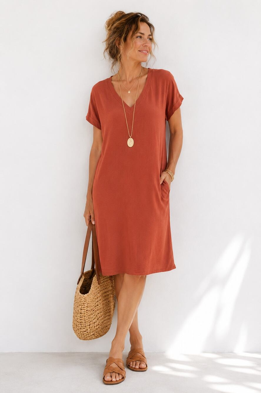 Cloth & Stone Rust T-Shirt Dress Small V Neck Casual Lyocell